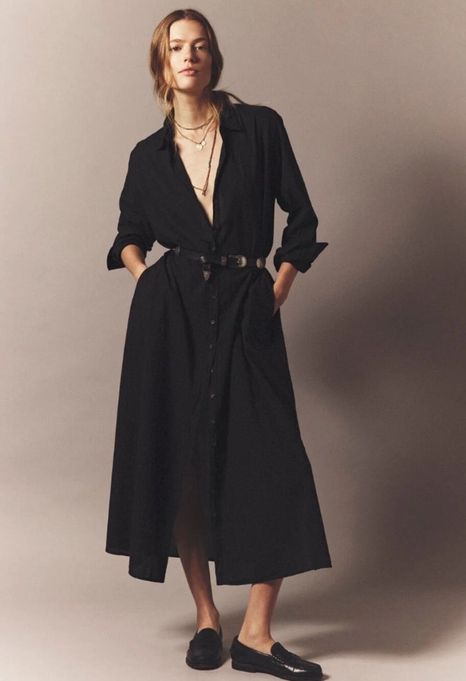 XIRENA | *current* black classic staple Boden button down long sleeve maxi dress
